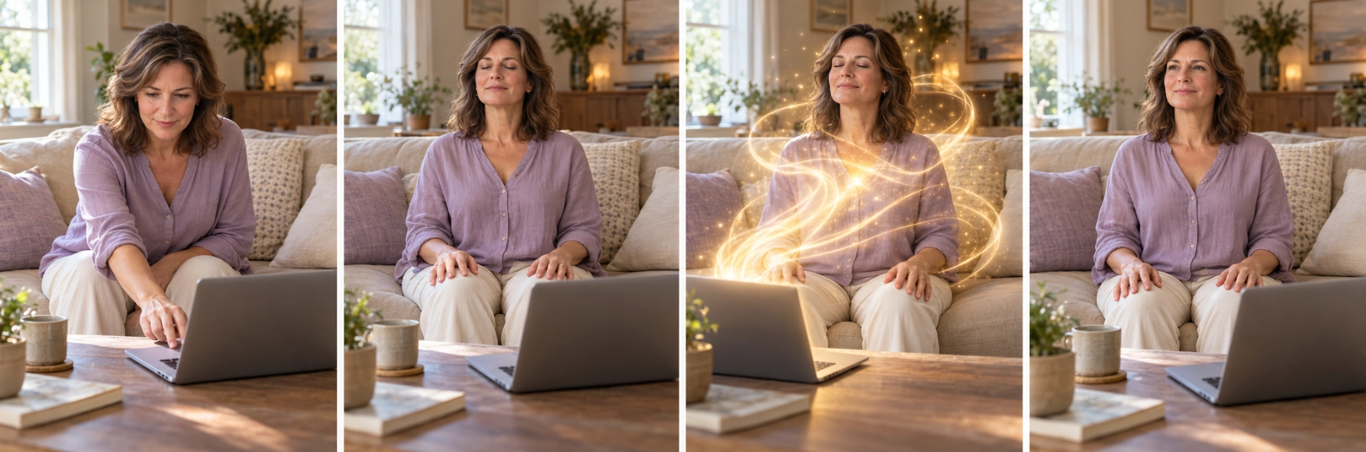 Een vrouw op de bank zet de energietransmissie aan, gaat rustig zitten, ontvangt de energie en voelt na.